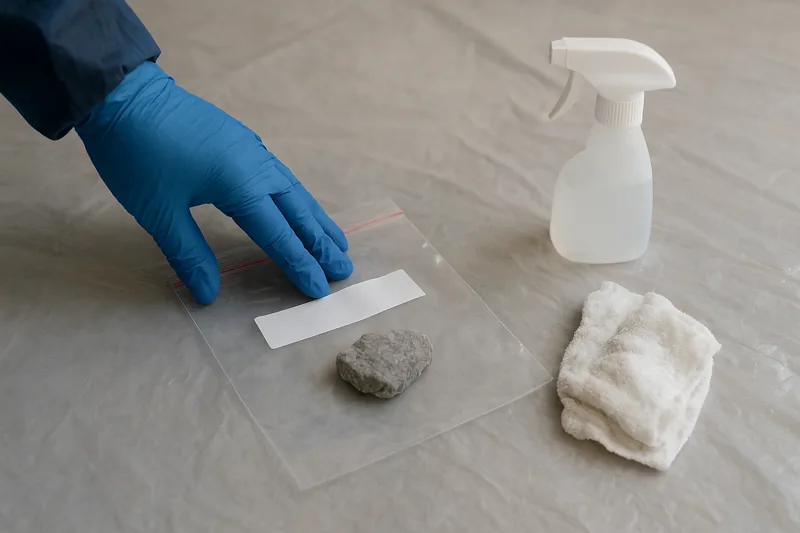 A blue-gloved hand pressing shut a clear zip bag holding a small grey fragment with a blank white label, a folded cloth and a spray bottle beside it on plastic sheeting — asbestos testing, Sydney. Illustrative example.