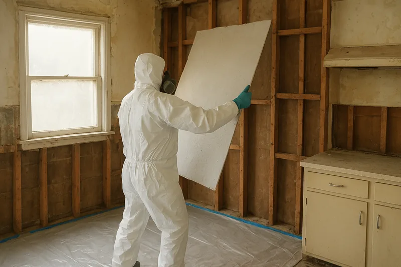 A stripped kitchen with bare timber studs and a sash window, plastic sheeting on the floor, a person in white coveralls, hood and respirator lifting away one flat pale wall sheet whole — asbestos removal before renovation or demolition, Sydney. Illustrative example.