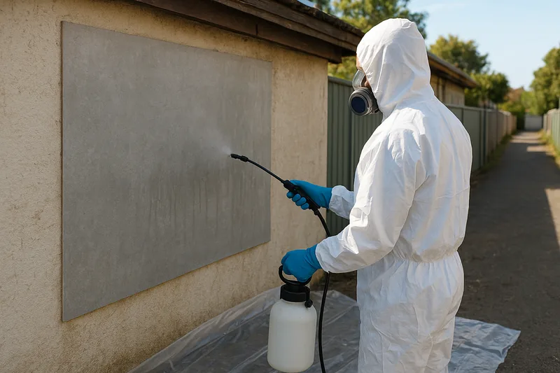 A person in white coveralls, hood and half-face respirator misting a large flat pale-grey sheet fixed to a rendered garage wall with a hand-pump sprayer, clear plastic sheeting on the ground below and a back lane behind — asbestos roof and sheet removal, Sydney. Illustrative example.
